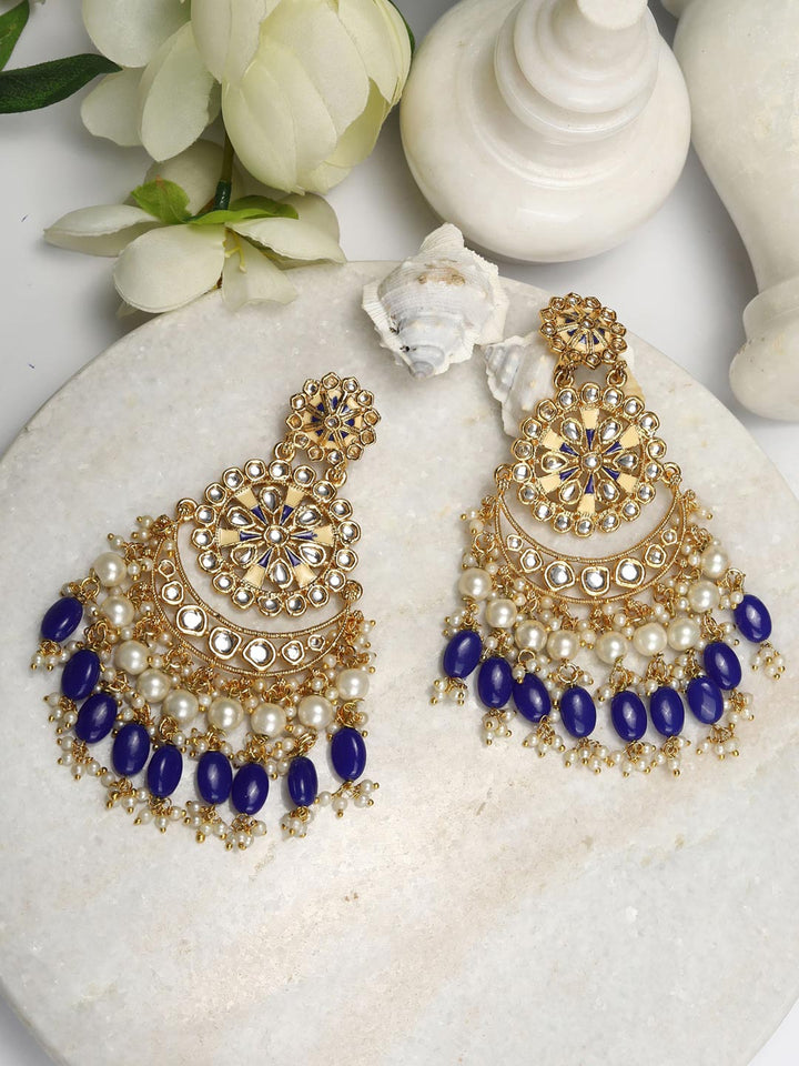 Blue Pearls Beads Kundan Gold Plated Chandbali Earring