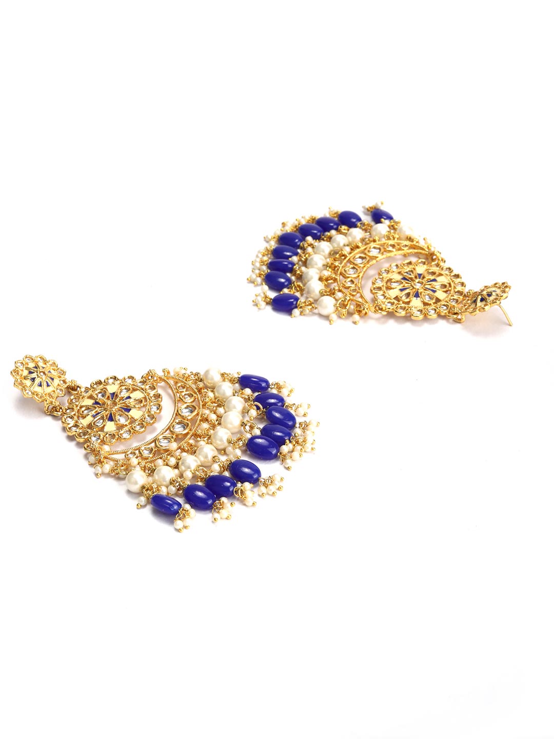 Blue Pearls Beads Kundan Gold Plated Chandbali Earring