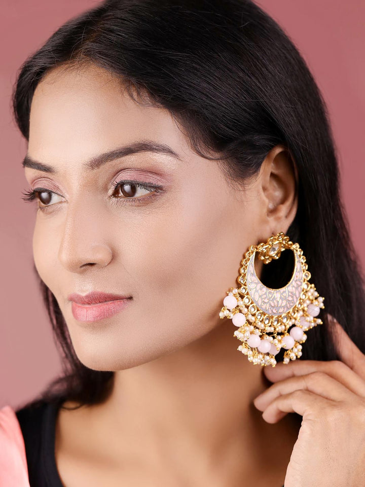 Pink Pearls Beads Kundan Gold Plated Meenakari Chandbali Earring
