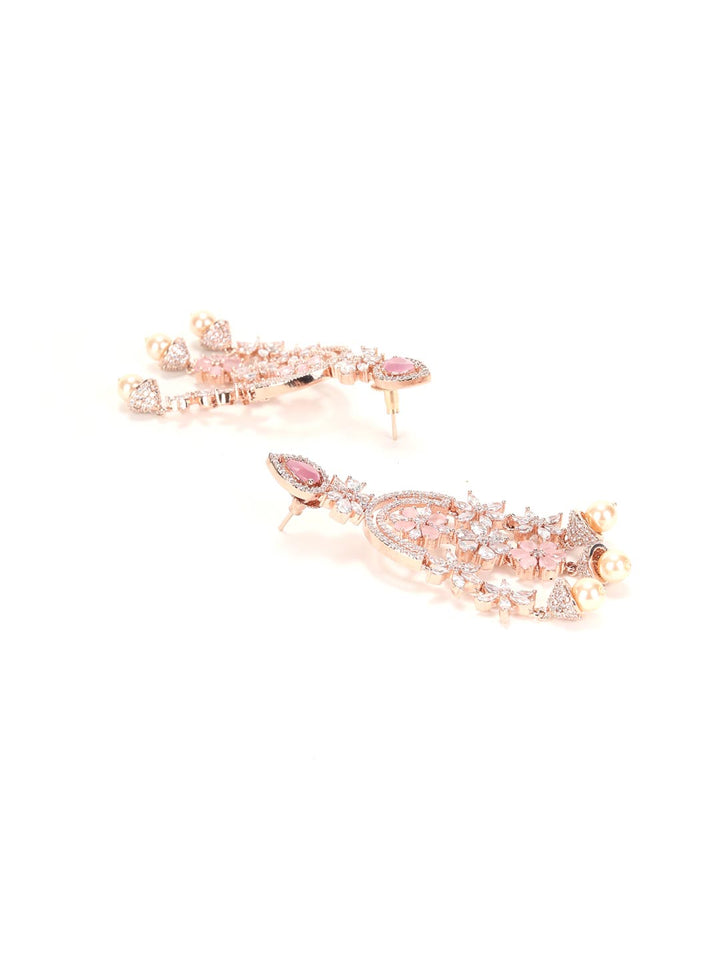 Dreamy Descend - Pink Stones Pearls American Diamond Rose Gold Floral Drop Earring