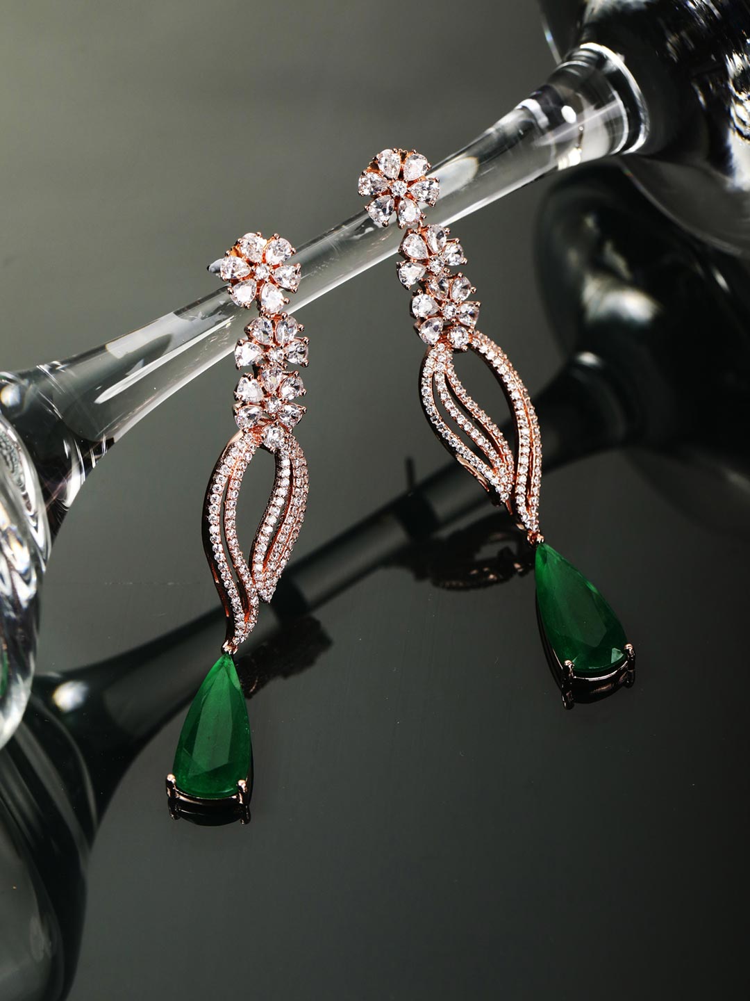 Emerald American Diamond Rose Gold Plated Floral Drop Earring