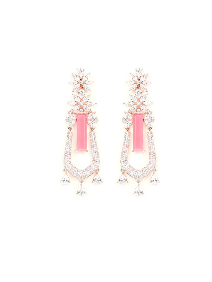 Modish Flair - Pink Artificial Stone American Diamond Rose Gold Plated Floral Drop Earring