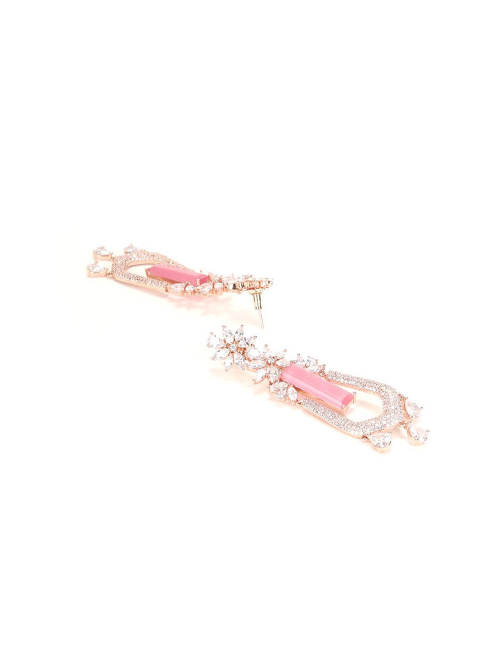 Modish Flair - Pink Artificial Stone American Diamond Rose Gold Plated Floral Drop Earring