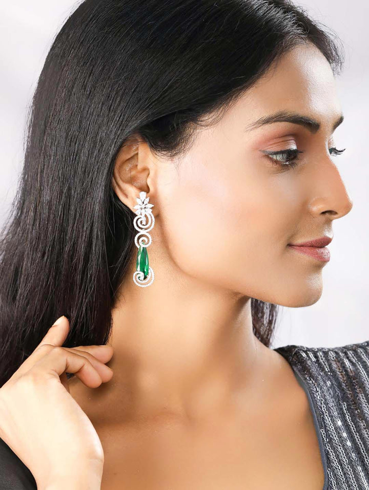 Emerald American Diamond Silver Plated Floral Drop Earring