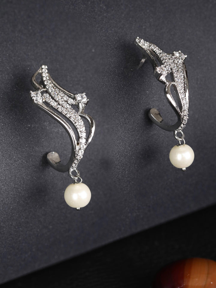 American Diamond Pearl Silver Plated Drop Earring