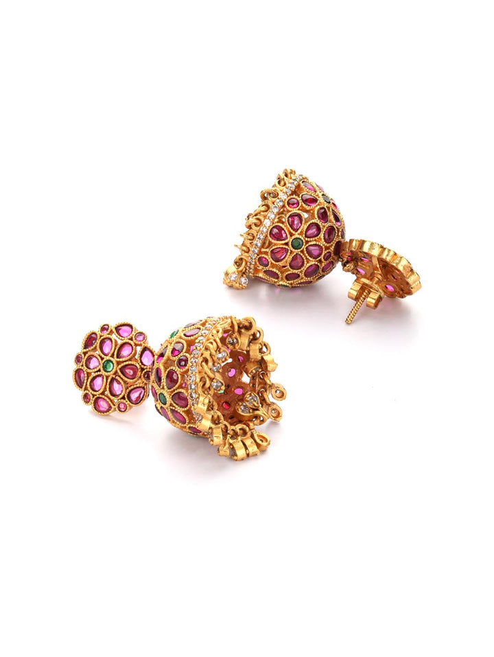 Kemp Stones Beads Gold Plated Jhumka Earring