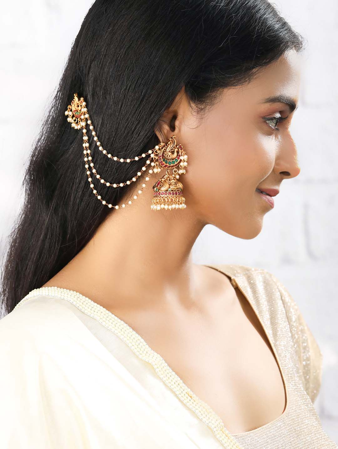 Guroor - Peacock Kemp Stone Beads Gold Plated Chain Jhumka Earrings