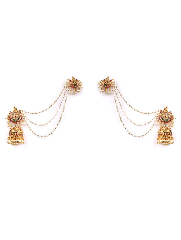 Guroor - Peacock Kemp Stone Beads Gold Plated Chain Jhumka Earrings