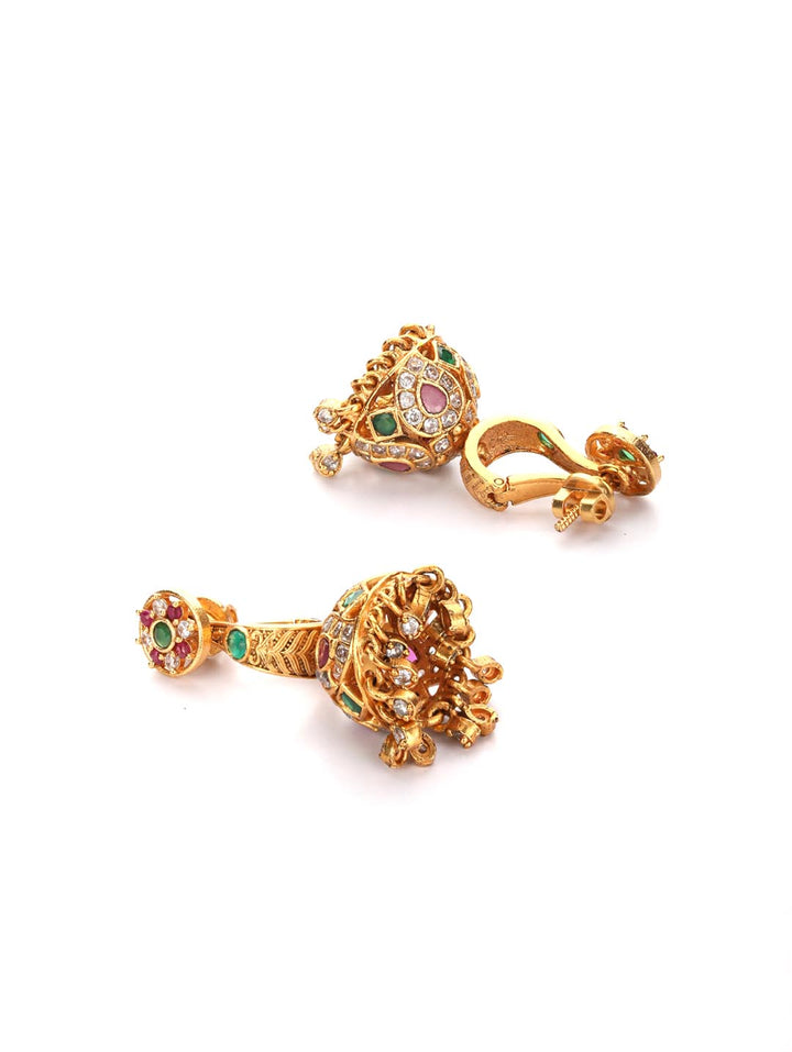 Multi-Color Kemp Stones Gold Plated Jhumka Earring