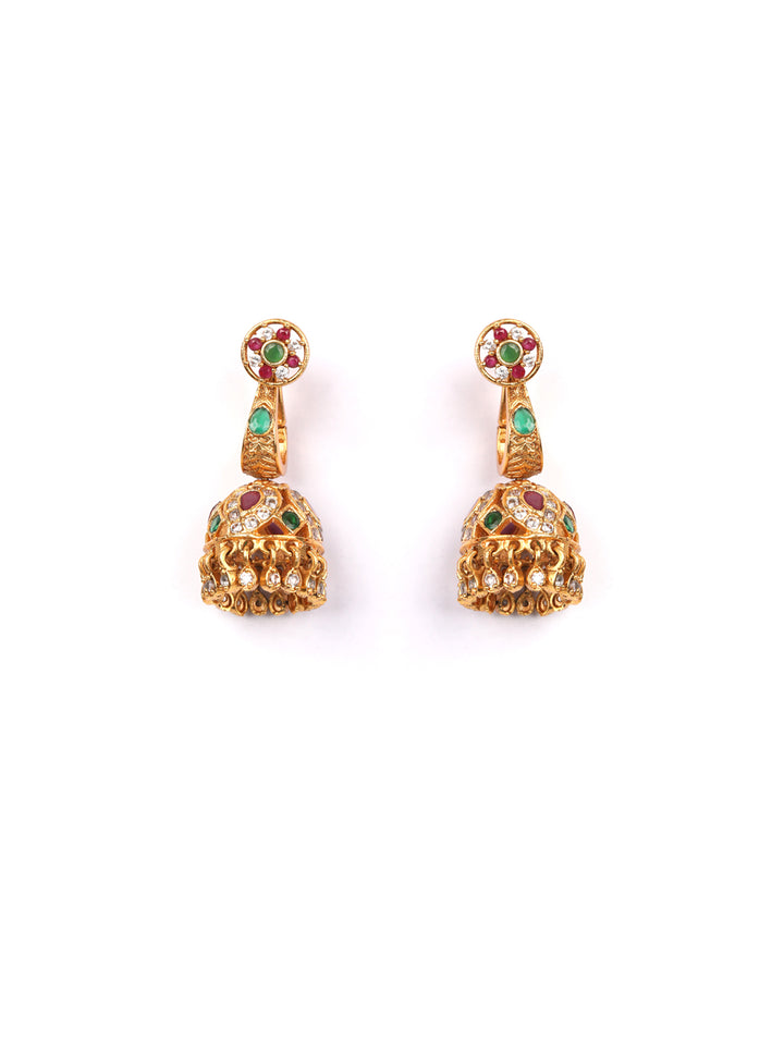 Multi-Color Kemp Stones Gold Plated Jhumka Earring
