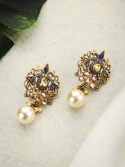 Blue Pearls Kundan Gold Plated Peacock Drop Earring