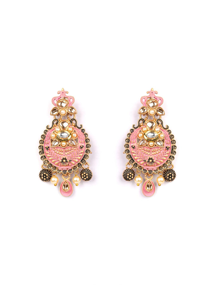 Pink Kundan Beads Gold Plated Drop Earring