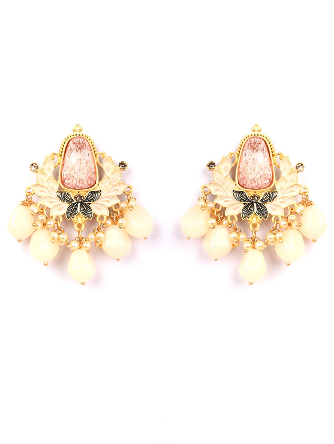 Peach Beads Stones Pearls Gold Plated Floral Drop Earring