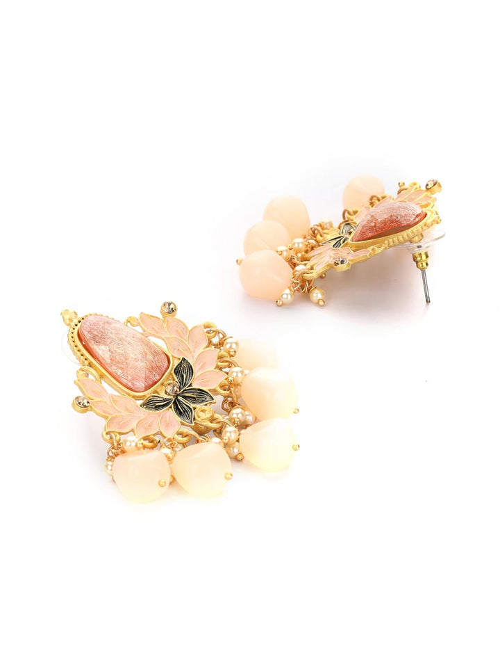 Peach Beads Stones Pearls Gold Plated Floral Drop Earring