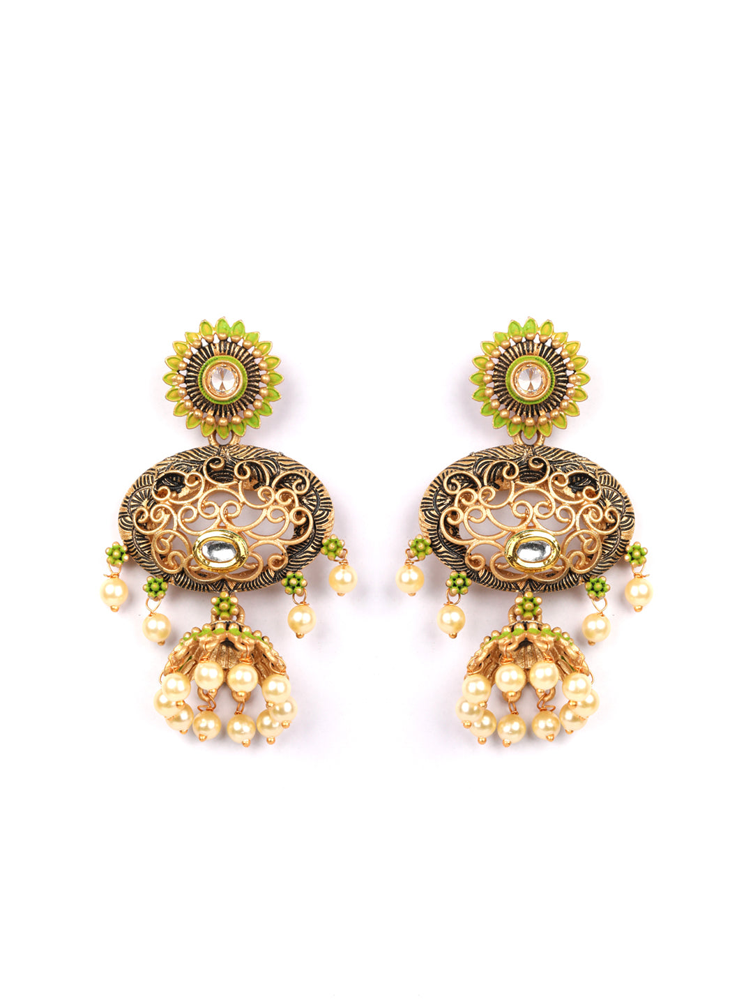 Green Kundan Beads Gold Plated Jhumka Earring