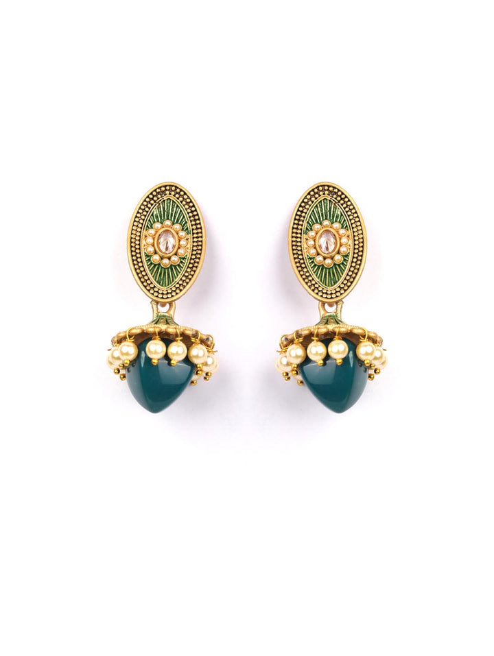 Green Beads Stones Gold Plated Drop Earring