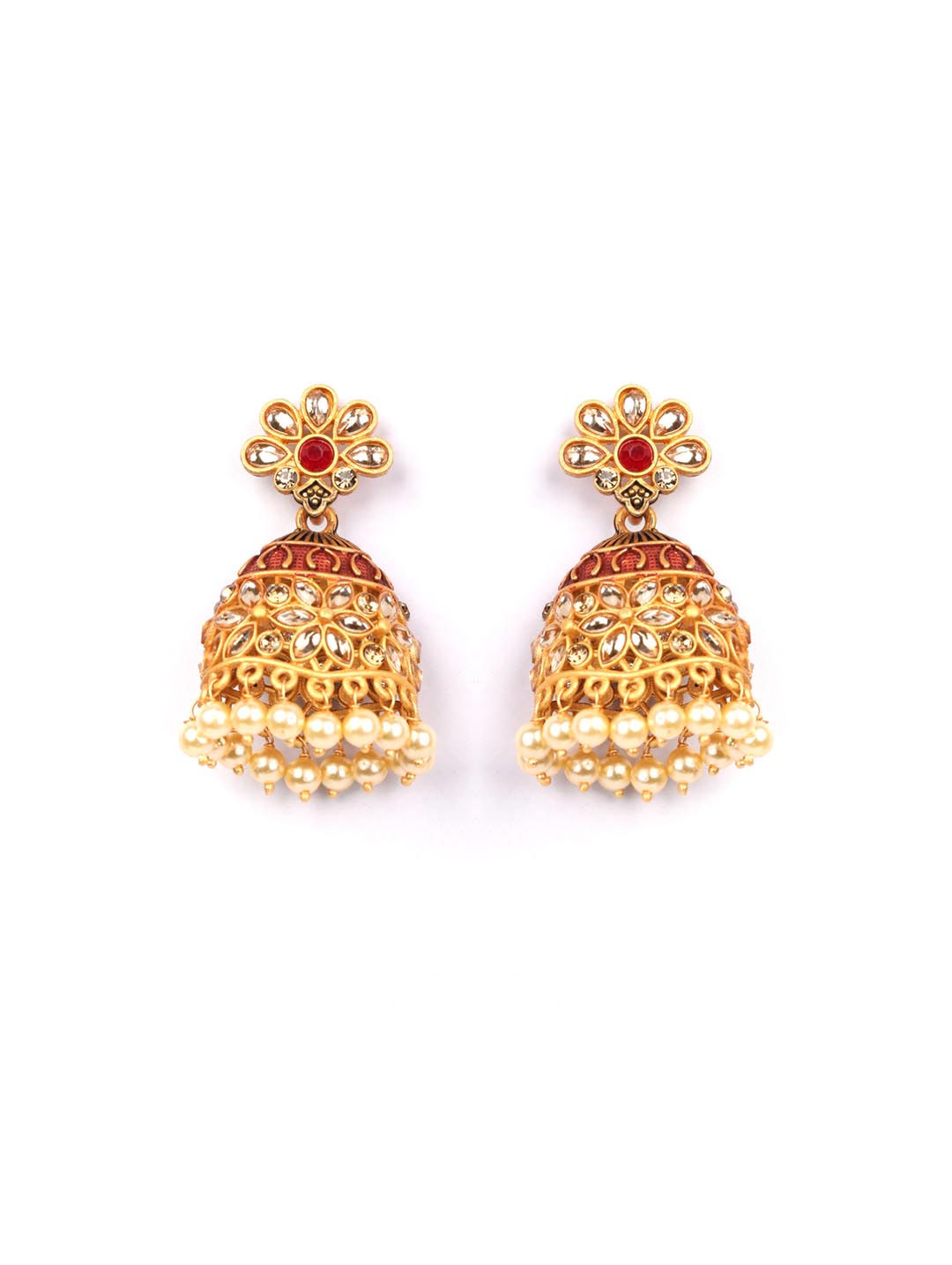 Red Beads Kundan Gold Plated Jhumka Earring