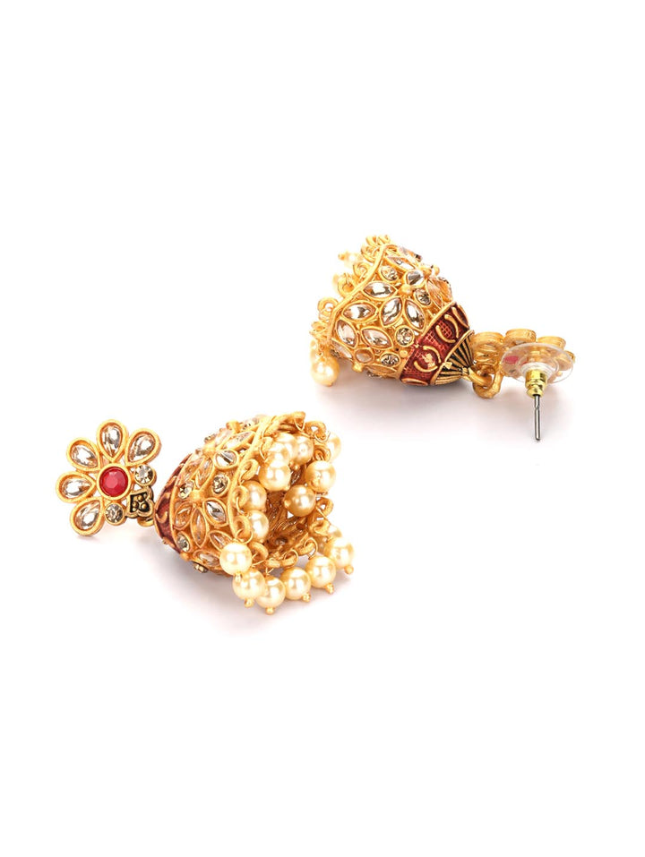 Red Beads Kundan Gold Plated Jhumka Earring