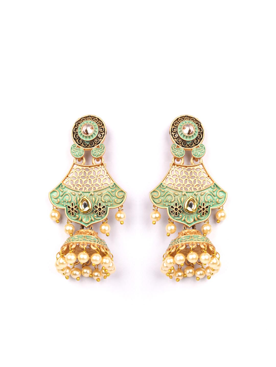 Sea Green Pearls Gold Plated Drop Earring