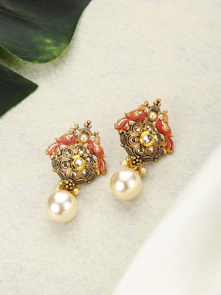 Pink Kundan Pearls Gold Plated Peacock Drop Earring