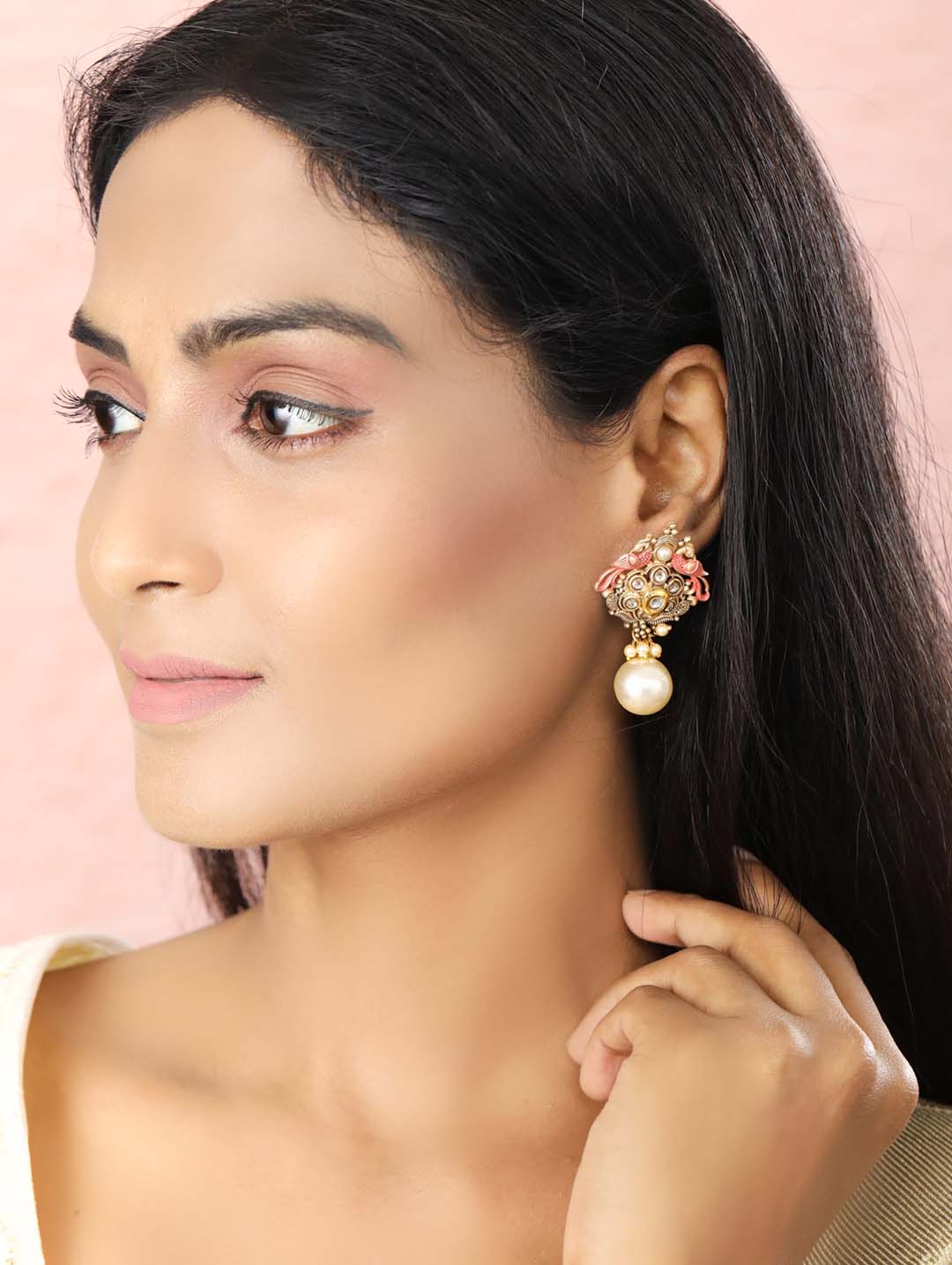 Pink Kundan Pearls Gold Plated Peacock Drop Earring