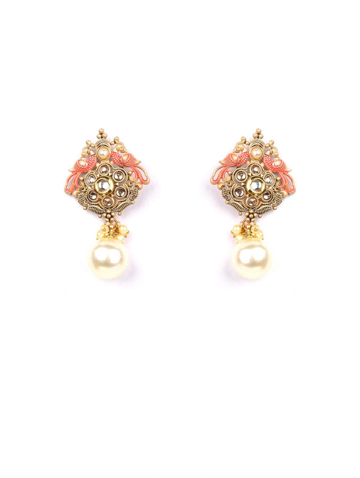 Pink Kundan Pearls Gold Plated Peacock Drop Earring