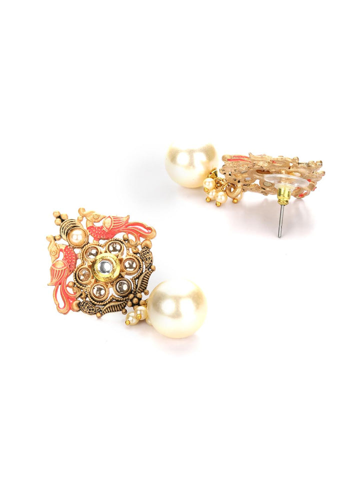 Pink Kundan Pearls Gold Plated Peacock Drop Earring