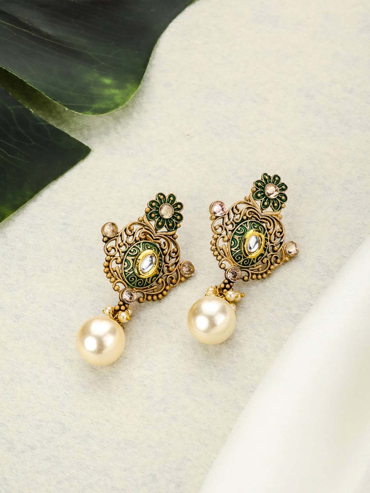 Green Kundan Pearls Gold Plated Floral Drop Earring
