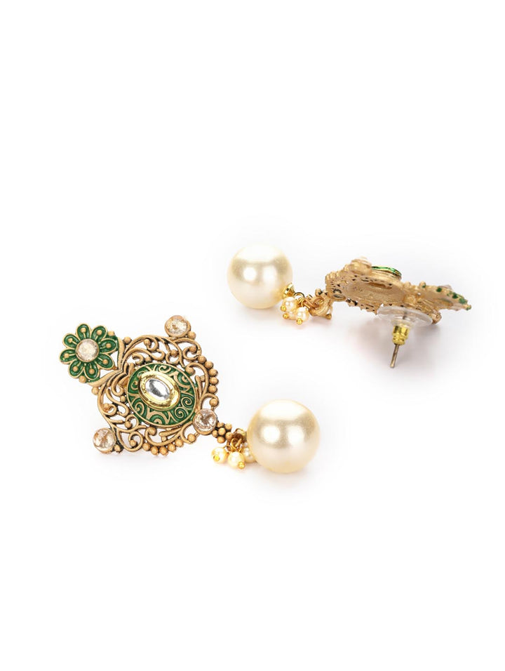 Green Kundan Pearls Gold Plated Floral Drop Earring – Priyaasi