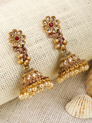 Red Kundan Beads Gold Plated Floral Jhumka Earring