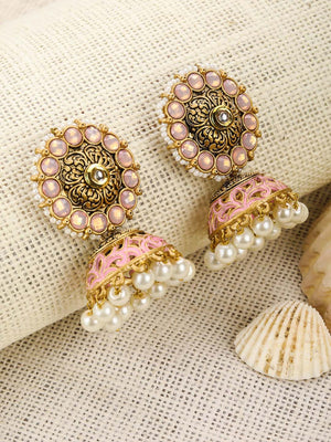 Pink White Beads Kundan Gold Plated Jhumka Earring