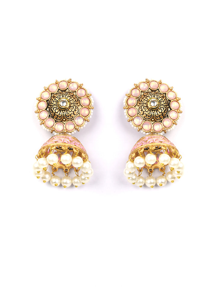 Pink White Beads Kundan Gold Plated Jhumka Earring