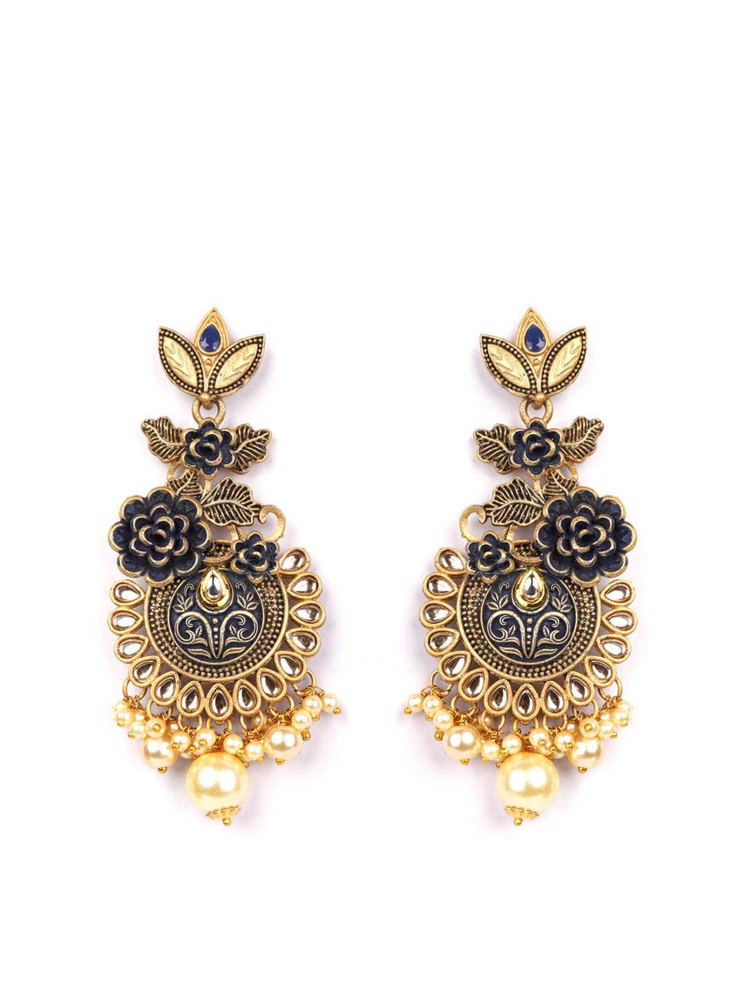 Black Kundan Beads Pearls Gold Plated Floral Drop Earring