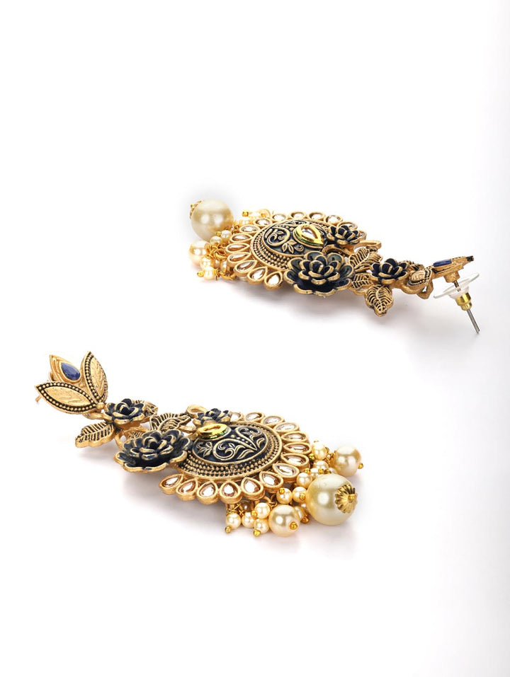 Black Kundan Beads Pearls Gold Plated Floral Drop Earring