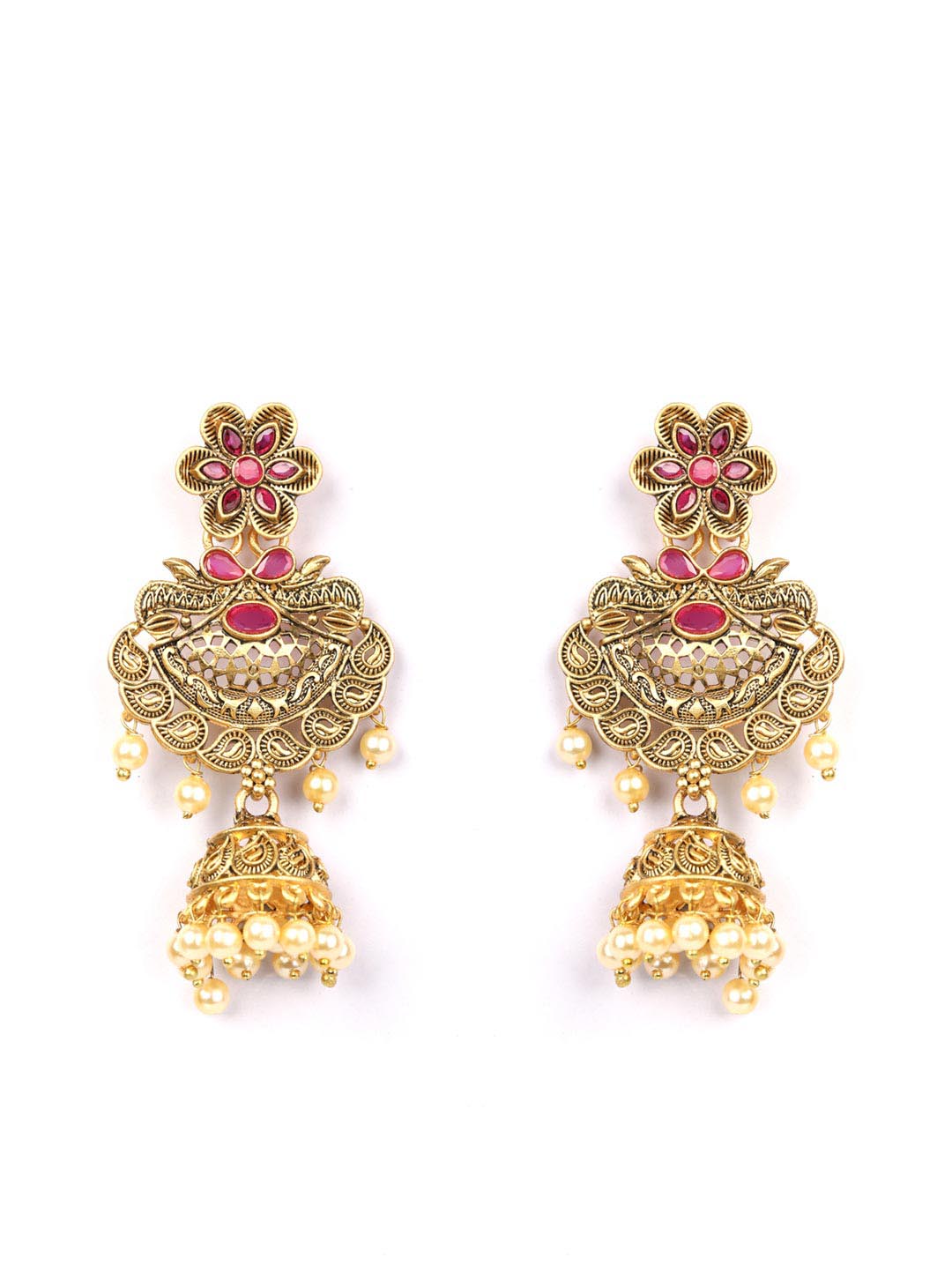 Ruby Beads Gold Plated Floral Jhumka Earring