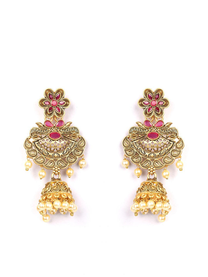 Ruby Beads Gold Plated Floral Jhumka Earring