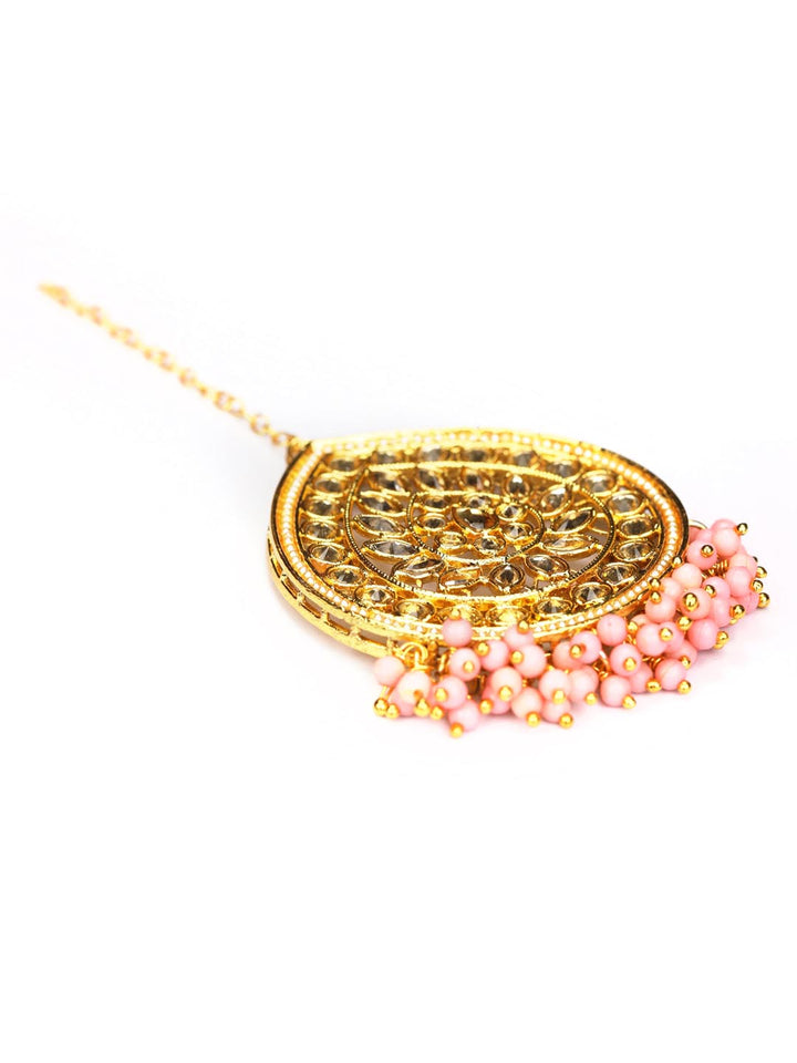 Pink Stones Beads Gold Plated Earring with MaangTikka