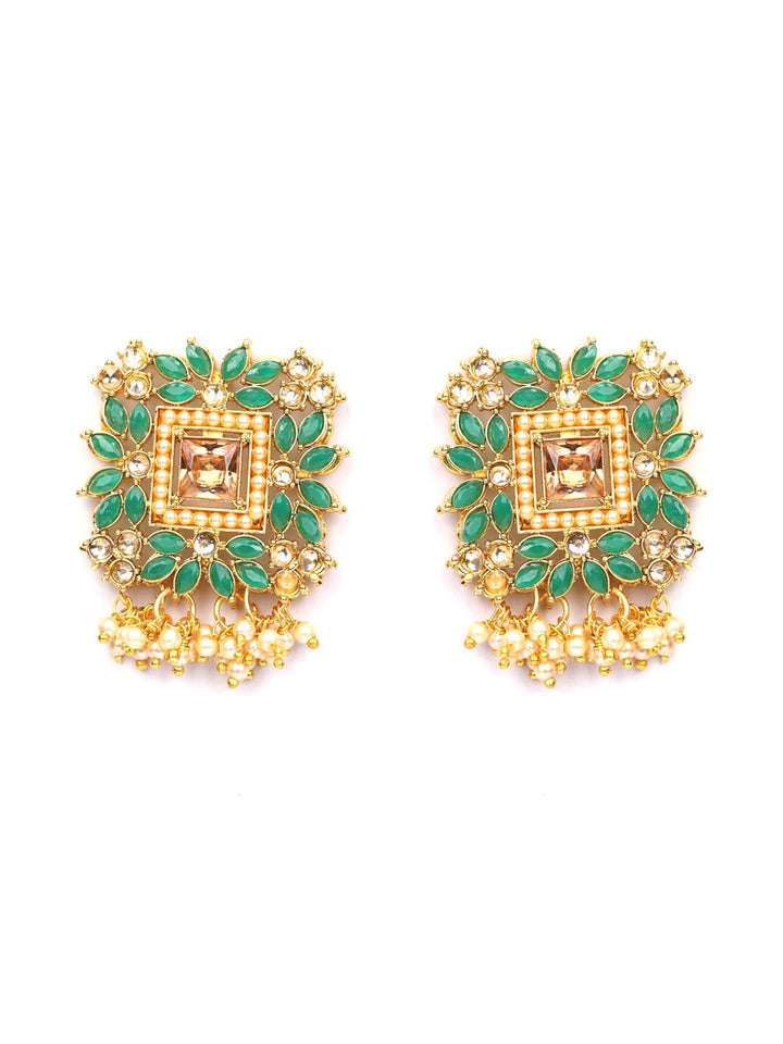 Green Stones Beads Gold Plated Floral Stud Earring