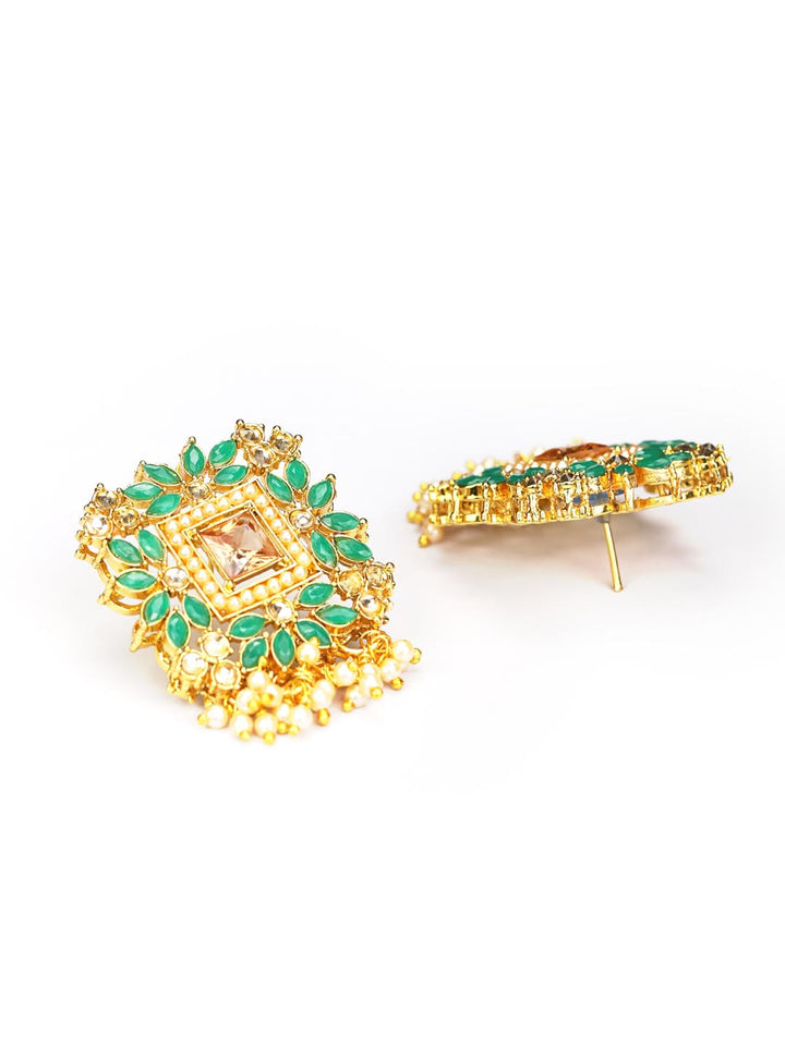 Green Stones Beads Gold Plated Floral Stud Earring