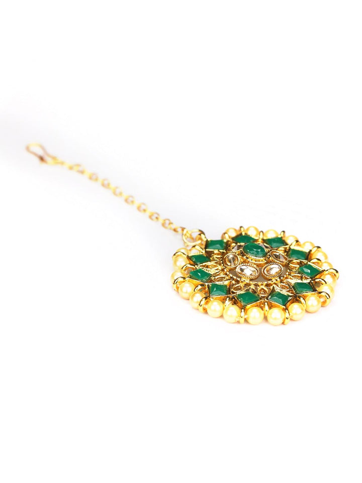 Green Beads Stones Gold Plated Jhumka Earring with MaangTikka