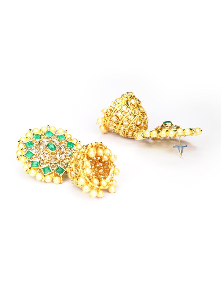 Green Beads Stones Gold Plated Jhumka Earring with MaangTikka