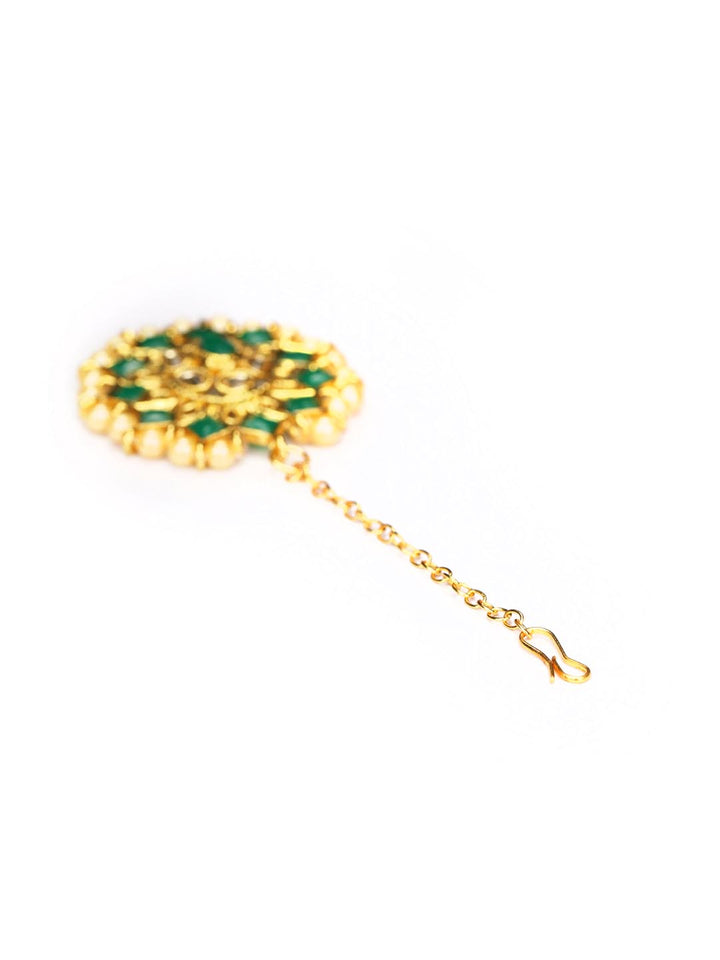 Green Beads Stones Gold Plated Jhumka Earring with MaangTikka