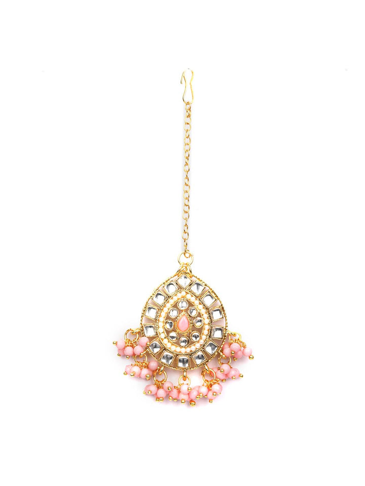 Pink Beads Stones Gold Plated Jhumka Earring with MaangTikka