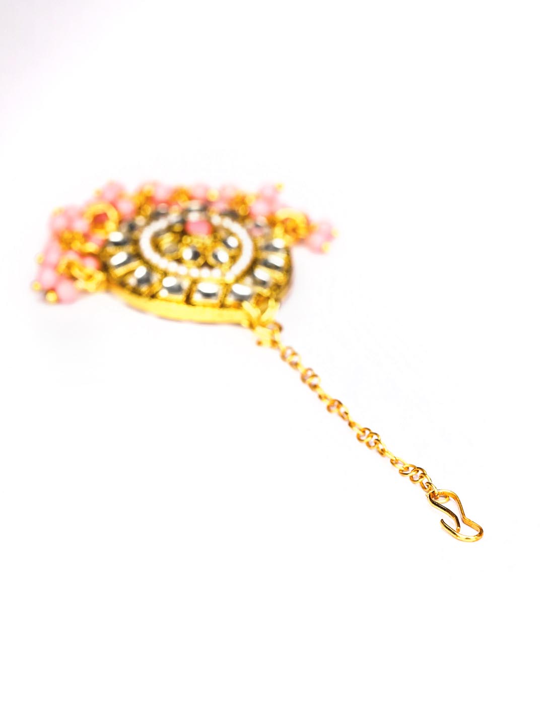 Pink Beads Stones Gold Plated Jhumka Earring with MaangTikka