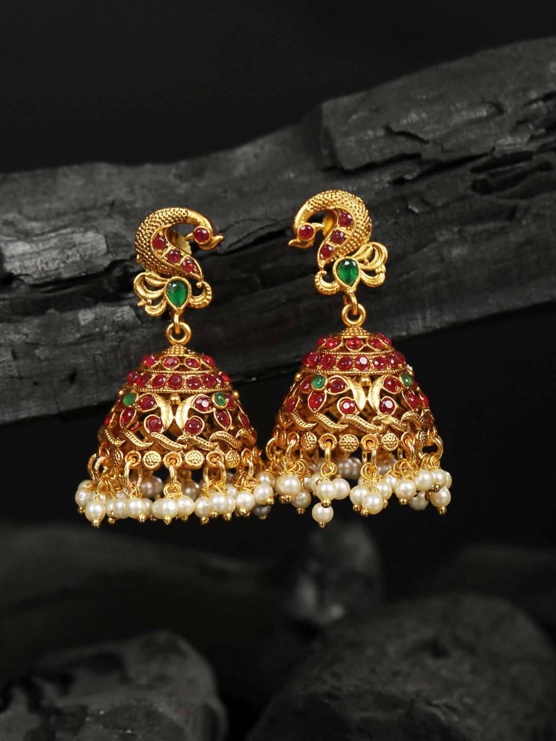 Voylla Silver-Toned Maroon Dome Shaped Jhumkas - Absolutely Desi