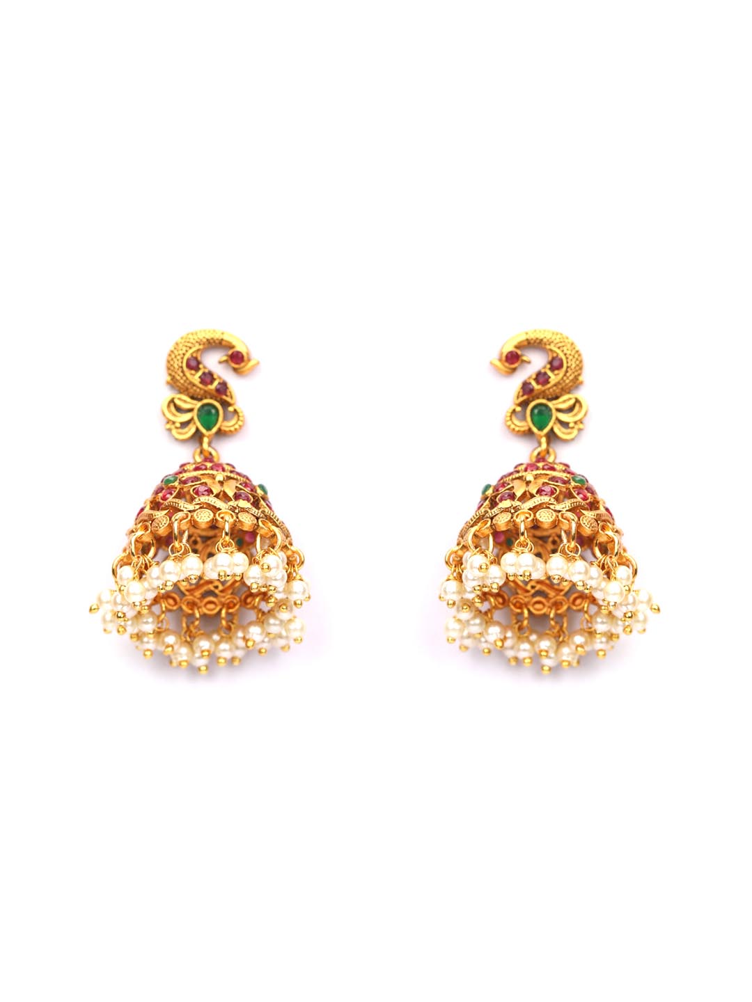 Maroon Kemp Stones Beads Gold Plated Jhumka Earring