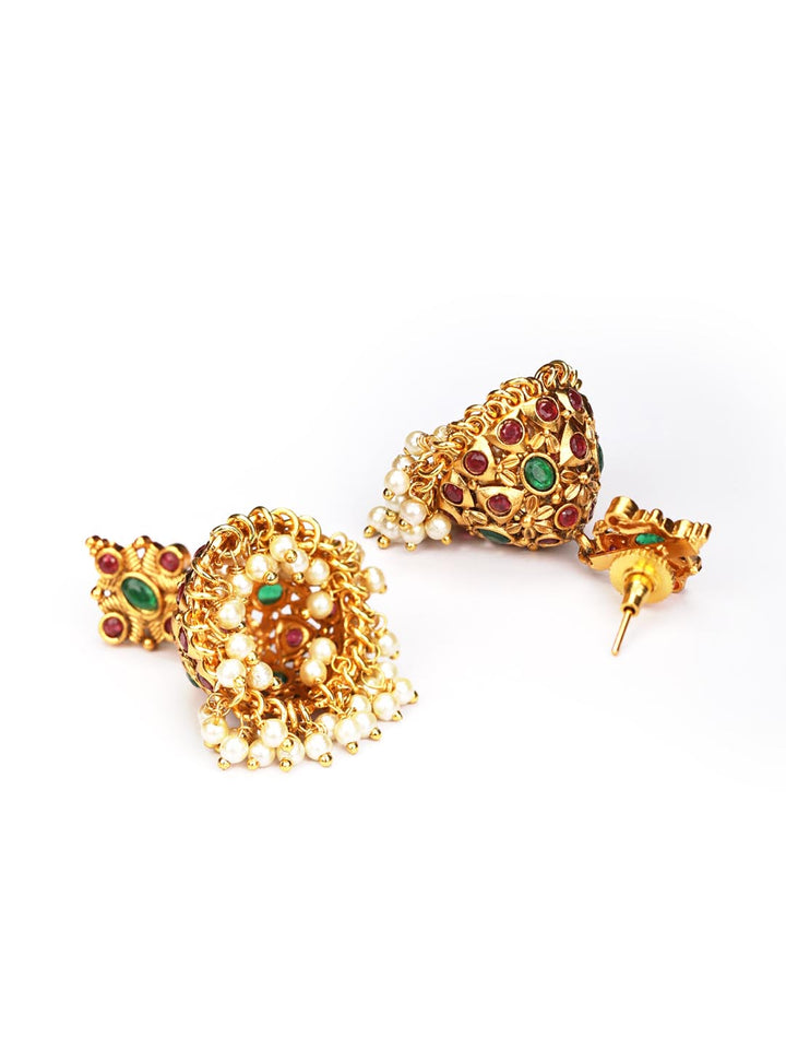 Maroon Beads Kemp Stones Gold Plated Jhumka Earring