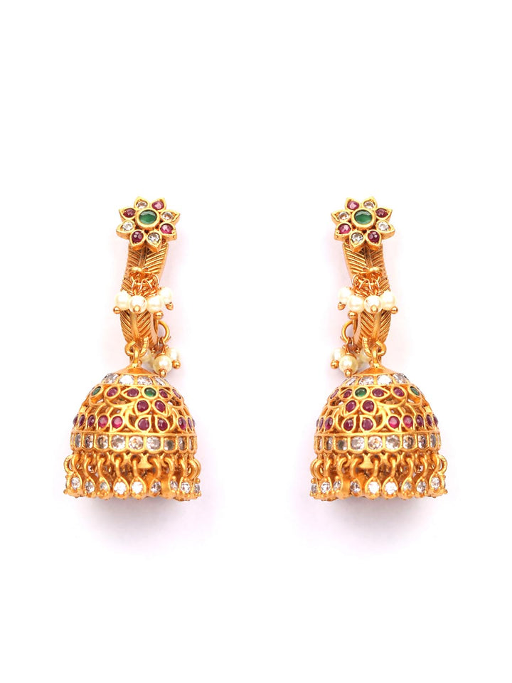 Maroon Beads American Diamond Kemp Stones Gold Plated Jhumka Earring