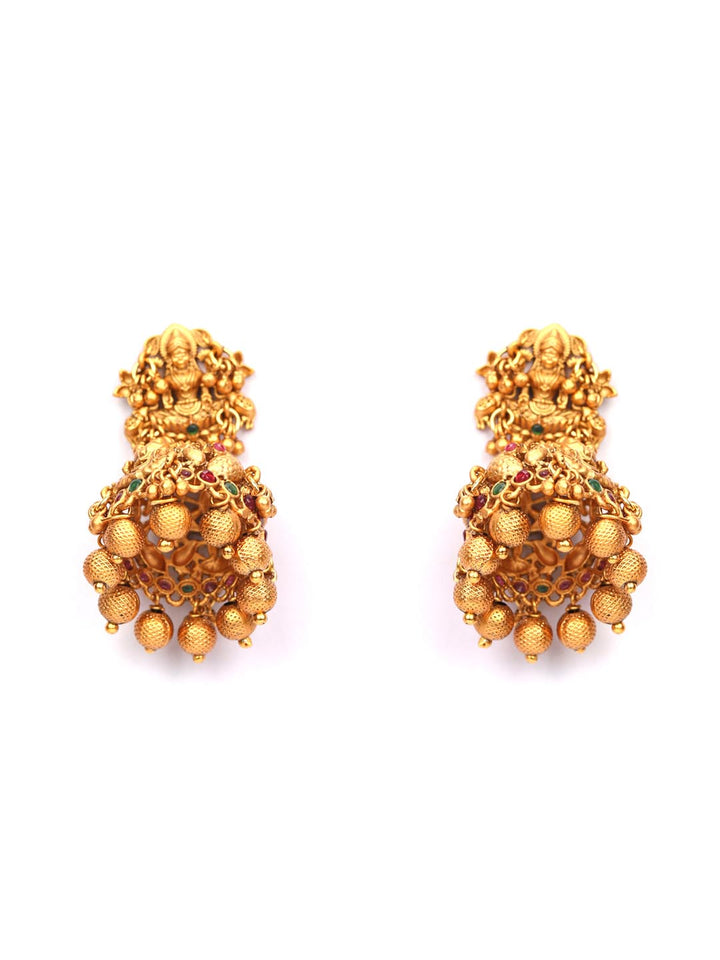 Maroon Kemp Stones Gold Plated Temple Jhumka Earring
