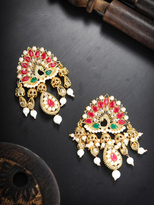Multi-Color Kundan Pearls Gold Plated Jhumka Earring